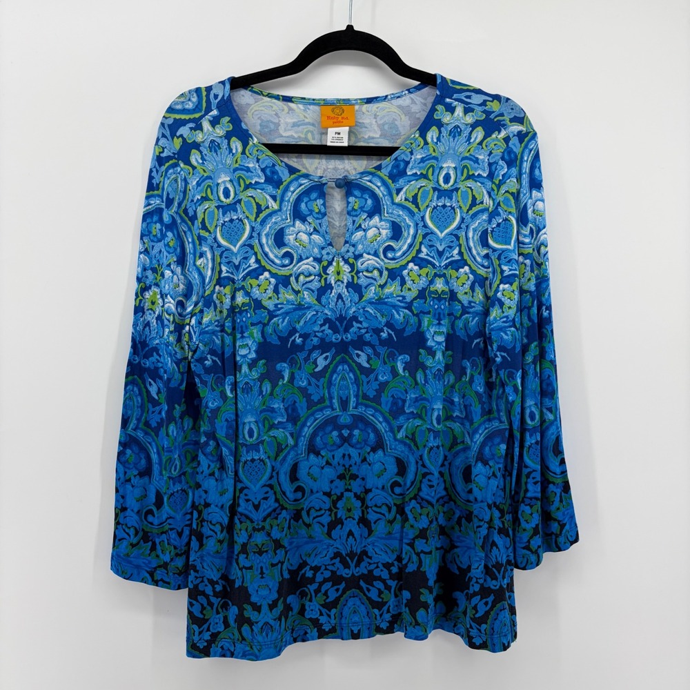 Ruby Rd Petite Medium Blue Green Paisley Print Keyhole Neck Long Sleeve Blouse